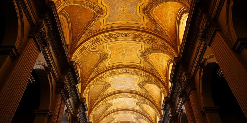 The intricate, vaulted ceiling of an ancient library in Prague with soft light filtering through high windows